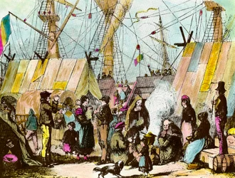 Kivándorlók családjai táboroztak Le Havre kikötőjében. Ernest Charton metsze (1813-1905) Metszet a 19. századi magángyűjteményből