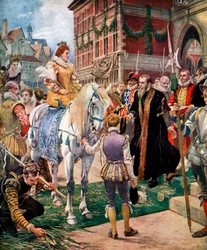Erzsébet királynő megnyitja a királyi börzét 1570-ben, 1920 körül.