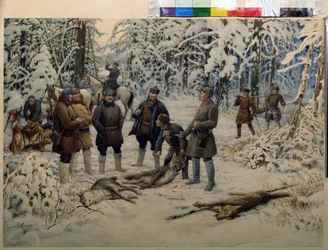 Sikeres vadászat után. Vadászcsoportok gyűjtik össze a vadakat (farkasokat) egy kürtöt fújó lovas jelzésére. Ernest Ernestovich Lissner (1874-1941) festménye, olaj, vászon