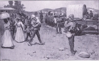 Brit katonák segítik a búr menekülteket, illusztráció: Pretoria után: A gerillaháború, 1902
