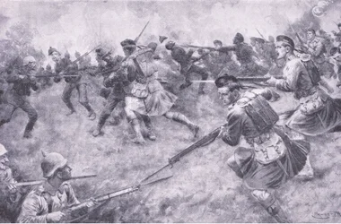 A londoni skótok gáláns vádja, a History of the Great War 3. kötetéből, amelyet a Waverley Book Co Limited adott ki, 1920 körül