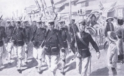 A japánok átvonulnak Tokióban, illusztráció a Cassells History of the Russian-Japanese War 1. kötetből, 1900 körül