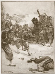 A Zouave-ok egy lendületes szuronyroccsal elfoglalták az egyik barikádot, illusztrációja Archibald Forbes, G.A. „A tizenkilencedik század csatái” című művéből. Henty és Arthur Griffiths őrnagy