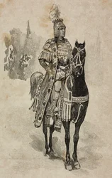 Savoyai Emanuele Filiberto Aosta hercege Umberto Biancamano jelmezében a Villa Borghese versenyen I. Umberto és Savoyai Margherita ezüstlakodalma alkalmából, Róma, Olaszország