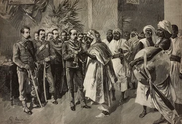 Tancredi Saletta tábornok kardot ajánl Kantibainak, Abab főnökének, Massawa, Eritreai háború, Ernesto Mancastroppa metszet G Amato rajzából, L