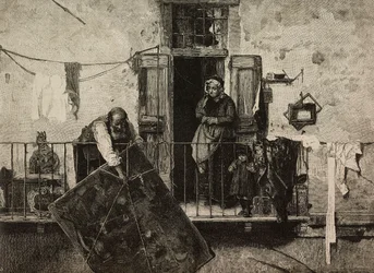 Szent Mihály, Szépművészeti Kiállítás Velencében, Olaszország, Ernesto Mancastroppa metszet Gerolamo Induno festményéből, L