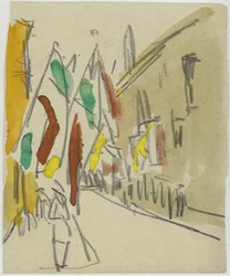 Beflaggte Häuser in der Schlossstraße in Dresden