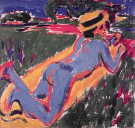 Kék fekvő akt szalmakalappal, 1908