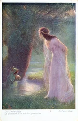 A békakirályfi odaadja a hercegnőnek az aranygolyót, amelyet a tóban talált. (20. század eleje)