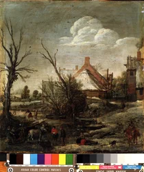 Tél (Winter). Esalas van de Velde (1591-1630) festménye. Olaj, fa, 37,5 x 35,5 cm