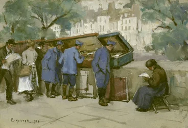 Francia katonák és bouquinisták a Szajna mentén, 1917 (wc világosszürke papíron)