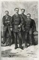 A feltáró misszió tagjai: (balról jobbra:) Pietri úr tüzér hadnagy, a konvoj lebonyolításáért felelős, Gallieni parancsnok, a történet szerzője, Dr. Tautain haditengerészeti orvos, néprajzi ismereteiért toboroz és természetes az övé