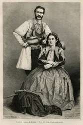 I. Nikola Petrović-Njegoš montenegrói fejedelem (1841-1921) és felesége, a Vukotić családból származó Milena (1847-1923) portréi, E. Ronjat rajza Charles Yriarte (1832-1898) 1874-es montenegrói utazásának illusztrálására. Metszet a Le Tour du folyóiratban