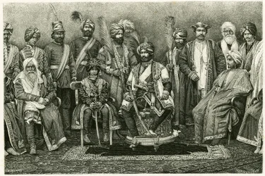A kasmíri maharadzsa, Rambhir Sing és udvara. E. Ronjat metszete Marie de Ujfalvy-Bourdon (Ujfalvy Bourdon) „Egy párizsi nő portréja a Nyugat-Himalájában” című történetének illusztrálására 1881-ben. Megjelent a Tour du monde 2. félévben