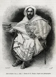 Abd El Kader (1808-1883) algériai emír és szultán, szúfi teológus, politikus és a francia gyarmati hadsereggel szembeni katonai ellenállás, író, költő és filozófus portréja. E.Ronjat metszete a La Syria d