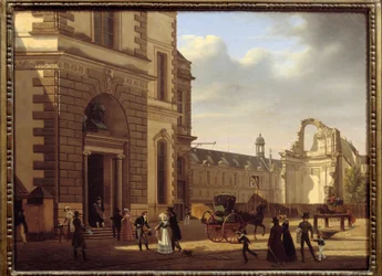 A Louvre Múzeum bejárata és a Saint Louis du Louvre romjai. Kilátás Párizsra. Etienne Bouhot (1780-1862) festménye