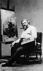 Gustave Courbet (1819-1877) francia festő műtermében, 1876 körül, fotó: Etienne Carjat