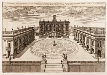 Metszet Michelangelo tervei alapján a római Capitolium térre, Olaszországban.