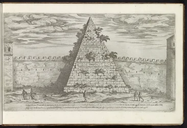 Cestius piramisa Rómában Bouwwerken uit de oudheid (sorozat címe) Az ókori Róma maradványait Stefano Du Perac Parisino gyűjtötte össze és fényképezte perspektivikusan (a sorozat címe a tárgyon)
