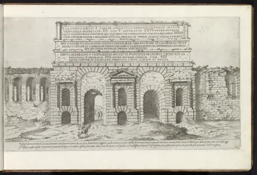 Porta Maggiore Rómában Bouwwerken uit de oudheid (sorozat címe) Stefano Du Perac Parisino Róma ókorának maradványait gyűjtötte össze és portrékat perspektívában (sorozat címe a tárgyon)