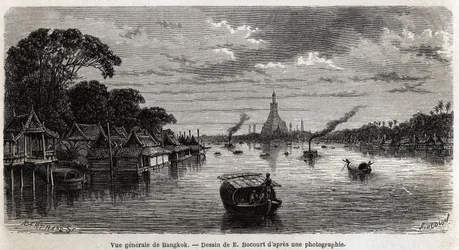 Bangkok (Thaiföld) általános képe, E.Bocour rajza Henri Mouhot 1858-tól 1861-ig tartó sziámi, kambodzsai és laoszi utazásának szemléltetésére. Metszet a „” Le tour du monde”-ban, szerkesztette Edouard Charton