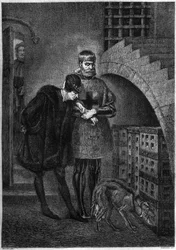 XI. Lajos francia király (1423-1483) meglátogatja Jean de La Balue (Balue bíboros) (1421-1491) foglyot, vasketrecbe zárja. Bocour metszete Gerome festménye után