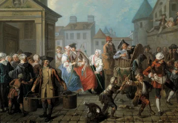 Karnevál Párizs utcáin Detail. Etienne Jeaurat (1699-1789) festménye 1757. Dim. 0,65 x 0,82 m Párizs, Carnavalet múzeum