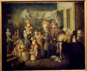 A nővérek érkezése Etienne Jeaurat (1699-1789) festménye, 18. századi Laon, városi múzeum
