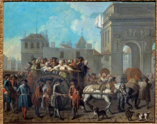 Az örömlányok magatartása a Salpetriere-ben, átjáró Szent Bernát kapuja mellett A jelenlegi Salpetriere Kórház eredetileg börtön és női hospice volt. Etienne Jeaurat (1699-1789) festménye 1757 Dim. 0,65 x 0,82 m Párizs, Musee autó