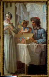 A szalagkereskedő Etienne Jeaurat festménye (1699-1789) 18. század. Homályos. 0,81 x 0,51 m Párizs, Musee Carnavalet
