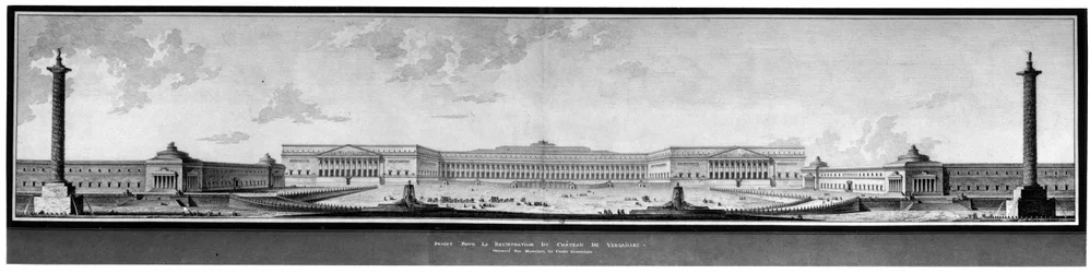 A versailles-i kastély felújításának terve, homlokzatrajz és perspektíva - E. L. Boullée