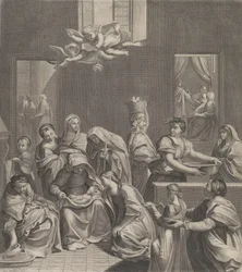 A Szűzanya születése, nő ül csecsemővel az ölében, sok nő körül..., 1677.