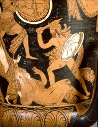 Etruszk ókor: Trója pusztulását ábrázoló harangkratér: Neoptolemosz által megölt Priamoszt ábrázoló részlet. Falerii Veteresből (Civita Castellana). Kr. e. 350-300. Róma, Museo Nazionale di Villa Giulia