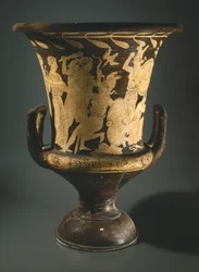 Calyx-krater (nagy váza). Vörös alakos kerámia Perugiából (Umbria). Etruszk civilizáció, Kr. e. 4. század.