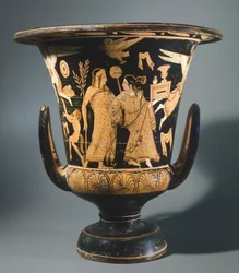 Calyx-krater (nagy váza) a nazzanoi festőtől. Vörös alakos kerámia. Etruszk civilizáció, Kr. e. 4. század.