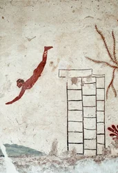 Etruszk művészet: vízbe ugró fiatal úszó. Freskó a „Búvár“ sírjából. Részlet. Paestum déli temetőjéből. Kr. e. 480-470. Nemzeti Régészeti Múzeum, Paestum