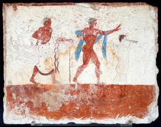 Etruszk művészet: egy fiatal ephébosz, egy zenész és egy ceremóniamester. Freskó a „Búvár“ sírjából. Paestum déli temetőjéből. Kr. e. 480-470. Nemzeti Régészeti Múzeum, Paestum