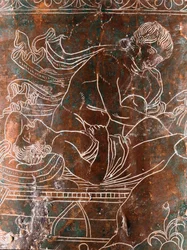 Etruszk művészet: az argonauták legendáját ábrázoló bronz Ficoroni-cista részlete: az Argó hajó. Praenestéből (Palestrina). Kr. e. 340. Museo Nazionale di Villa Giulia, Róma