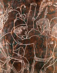 Etruszk művészet: az argonauták legendáját ábrázoló bronz Ficoroni-cista részlete. Praenestéből (Palestrina). Kr. e. 340. Museo Nazionale di Villa Giulia, Róma