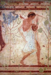 Etruszk művészet: lakomajeleneteket ábrázoló freskók, lantjátékost ábrázoló részlet. A Triclinium sírja. Kr. e. 5. század. Tarquiniai Nemzeti Régészeti Múzeum, Olaszország