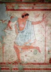 Etruszk művészet: lakomajeleneteket ábrázoló freskók, táncost ábrázoló részlet. A Triclinium sírja. Kr. e. 5. század. Tarquiniai Nemzeti Régészeti Múzeum, Olaszország
