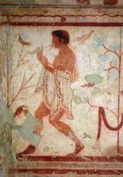 Etruszk művészet: lakomajeleneteket ábrázoló freskók, fuvolajátékost ábrázoló részlet. A Triclinium sírja. Kr. e. 5. század. Tarquiniai Nemzeti Régészeti Múzeum, Olaszország