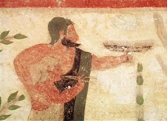 Kettős fuvolán játszó férfi és gyermek feje, a Báró sírjából, Kr.e. 500 körül falfestmény részlet 407470-ből