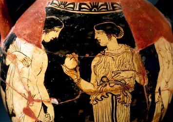 Piros formájú kerámia, gránátalmát kínáló fiatal lányt ábrázoló pelike, restaurálta Sommavilla Painter