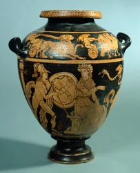Stamnos, vörös alakos kerámia Vulciból (Lazio). Etruszk civilizáció, Kr. e. 4. század.