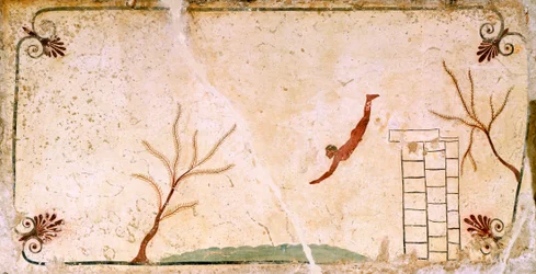 Búvár, Kr. e. 480-490 körül, díszítő freskó a Búvár sírjának fedőlapjáról, Paestum, Campania, Olaszország, Kr. e. 5. század
