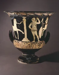krater (nagy váza) a londoni festőtől. Vörös alakos kerámia Gualdo Tadinoból (Umbria). Etruszk civilizáció, Kr. e. 4. század.