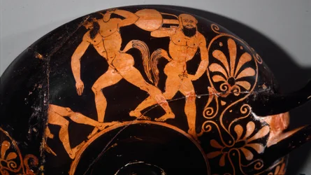 Etruszk művészet: Kylix egy komót, a szatírok rituális kortézsét díszíti (első példa az etruszk kerámiára, vörös figurákkal, domborműves vonalakkal). Kr.e. 380. Vulci (?) Párizsból, Musee Rodin