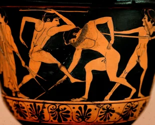 Etruszk művészet: a pyxis egy palestra jelenetet díszít, a sportolók Cerveteriből gyakorolják a gerelyhajítást. Róma, Museo di Villa Giulia