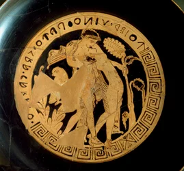 Etruszk civilizáció: Ariane-t (Ariadné) és Dionüszoszt ábrázoló kylix részlete. A Falerii Veteres nekropoliszból. Róma, Villa Giulia